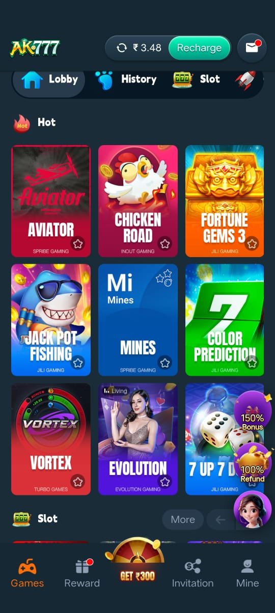 AK777 game lobby showing Aviator, Chicken Road, Mines, Evolution, Jackpot Fishing and more casino games.