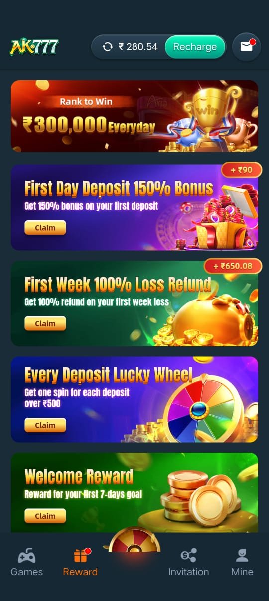 AK777 rewards page showing first deposit bonus, loss refund, lucky wheel and welcome reward offers.