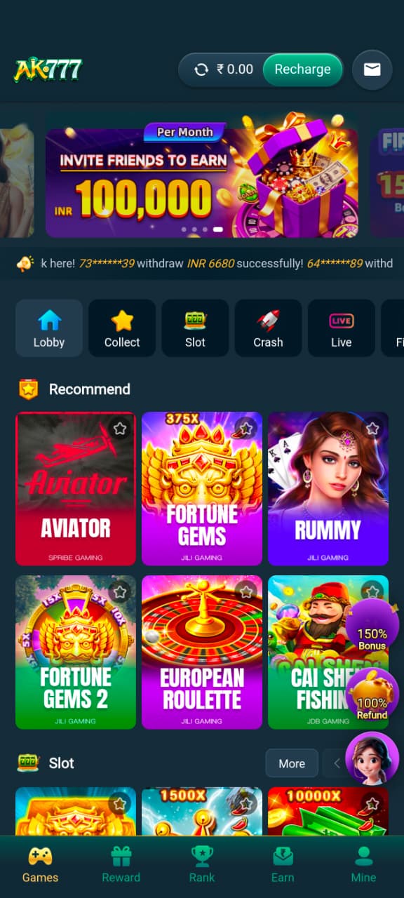 AK777 Game home lobby featuring Aviator, Rummy, Fortune Gems, Crash, and slot games.